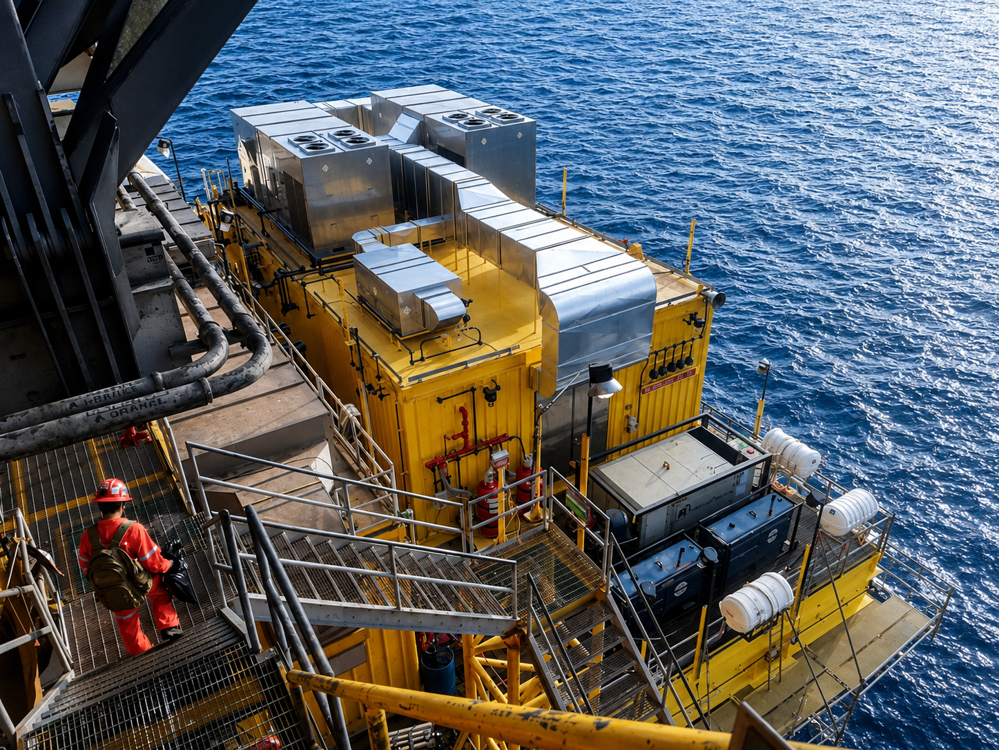 Explosion-proof HVAC unit mounted on industrial structure at hazardous area facility