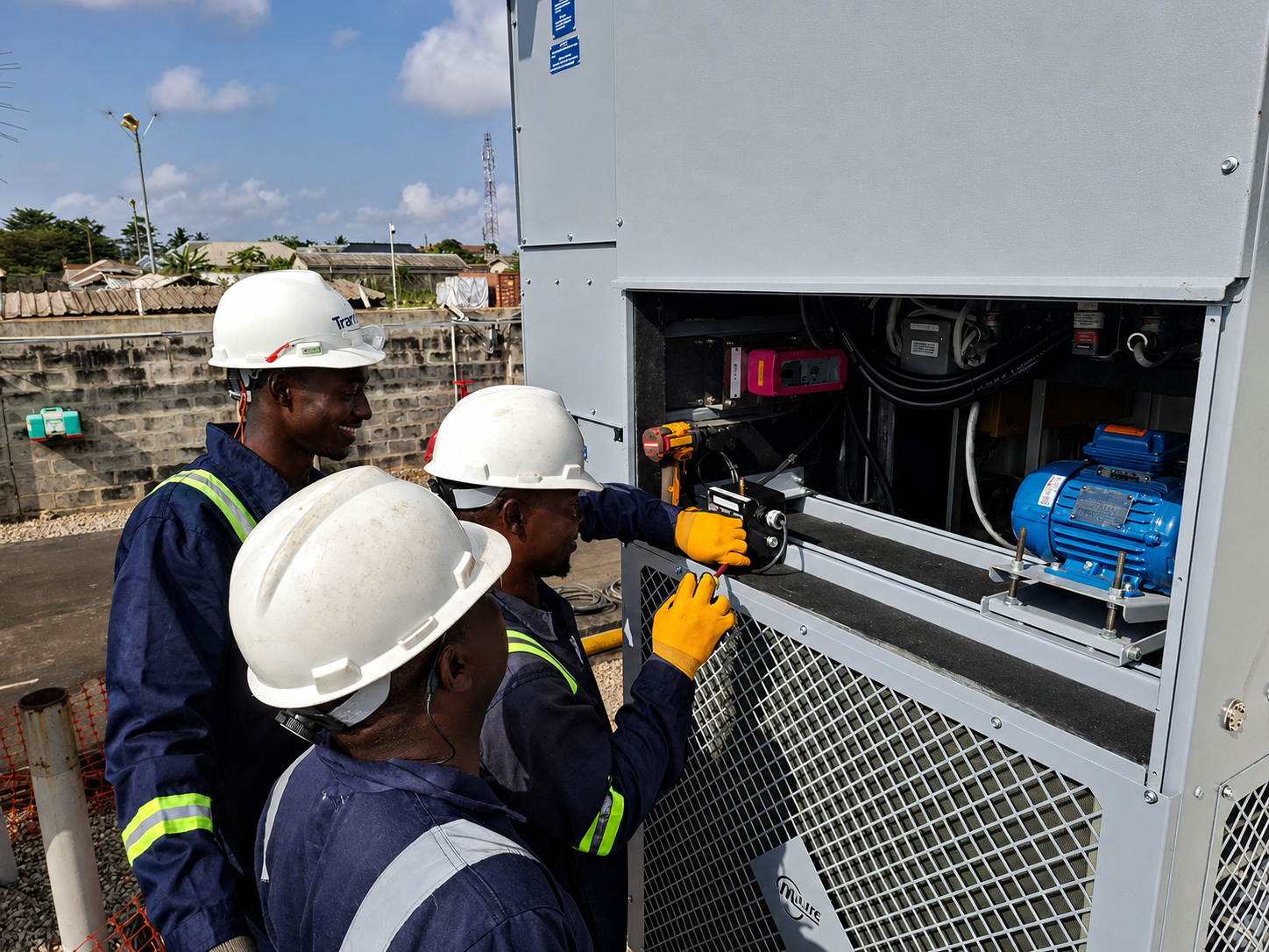 Technicians installing an industrial HVAC unit on a processing plant structure