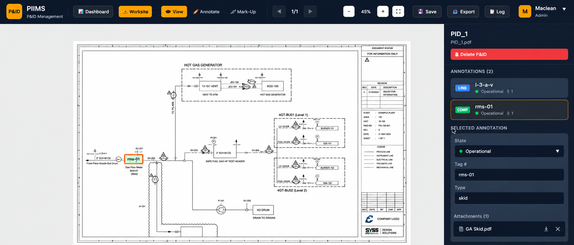 PIIMS Annotation view with selected component details and attached documents
