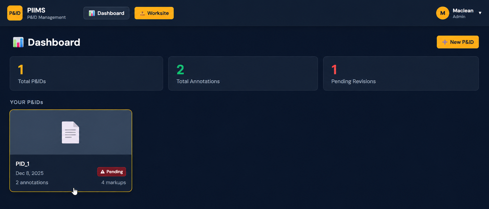 PIIMS Dashboard showing total P&IDs, annotations, and pending revisions